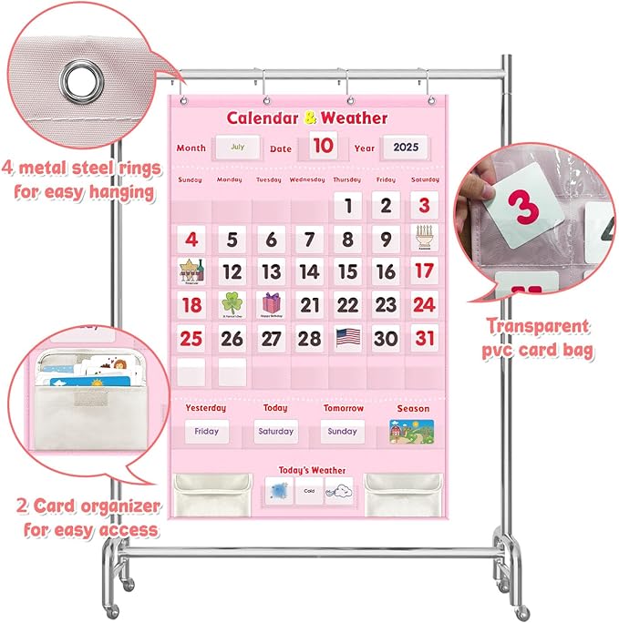 Interactive Calendar for Kids - Learning Calendar Wall Chart with Daily Weather, Seasons for Toddlers Preschool - Homeschool Classroom Must Haves Supplies for Circle Time Morning Board (Pink)