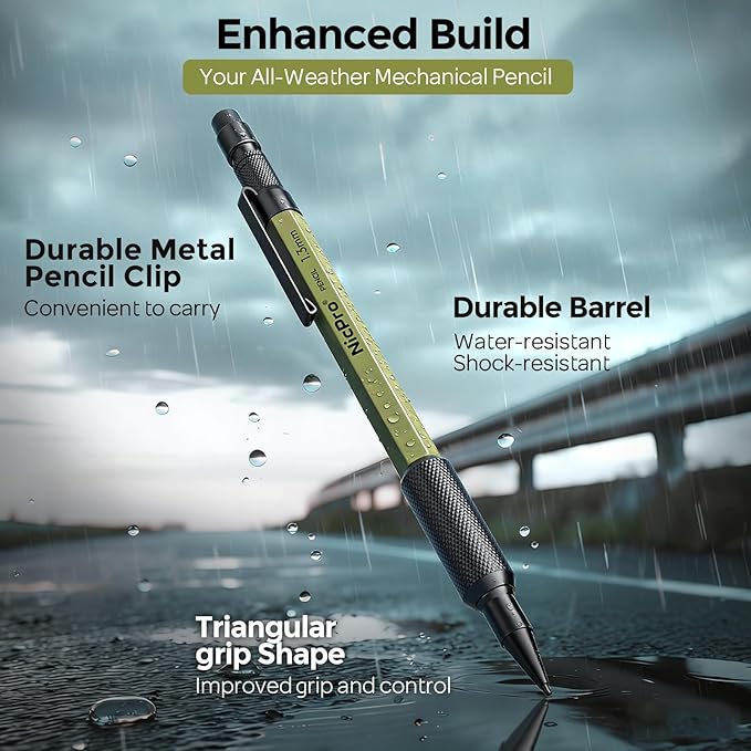 Nicpro 1.3mm Mechanical Pencil Set with Waterproof Field Notebooks | 3PCS Metal Heavy Duty Carpenter Pencil with Leather Bag,Lead Refill & Eraser for Outdoor Journal Travel Drafting Drawing