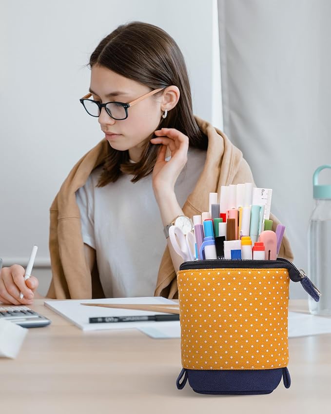 Sooez Standing Pencil Case, Cute Stand up Pencil Pouch, Telescopic Pen Pouch, Portable Pencil Holder, Cute Stand up Pencil Case, Spacious Pencil Pouch Bag for School Office Supplies, Orange