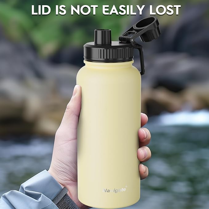 Navigate 32oz Insulated Water Bottle for Sports, Keep Cold 24H | 2-in-1 Spout and Handle Lids, Double Leak-Proof, 18/8 Stainless Steel, BPA-Free, Wide Mouth for Hiking,Faint Yellow