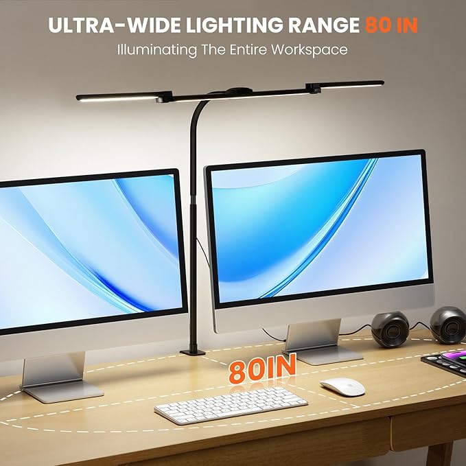 LED Desk Lamp for Office Home, 3 Light Bar Adjustable Desk Light with Clamp, Architect Table Lamp Computer Monitor Lighting, Stepless Dimming Eye-Caring Clip on Light for Workbench Reading Study Black