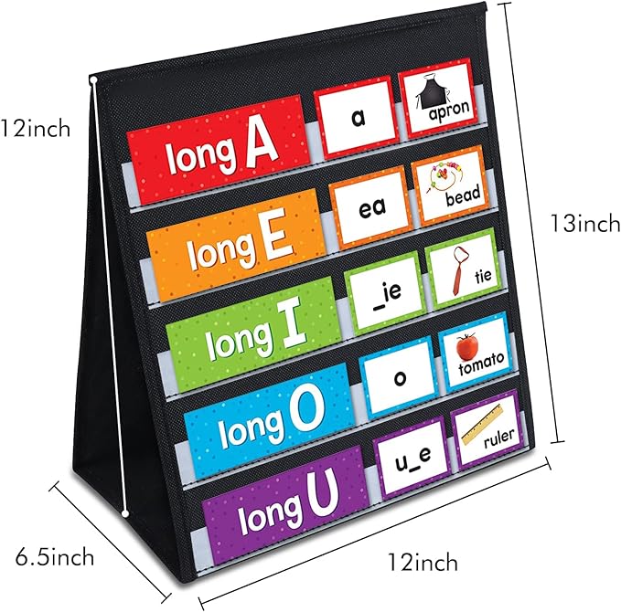 Tabletop Pocket Chart for Classroom or Home,Small Double Sided Stand Pocket Chart – Fits Standard 3” Sentence Strips and Cards (Black)