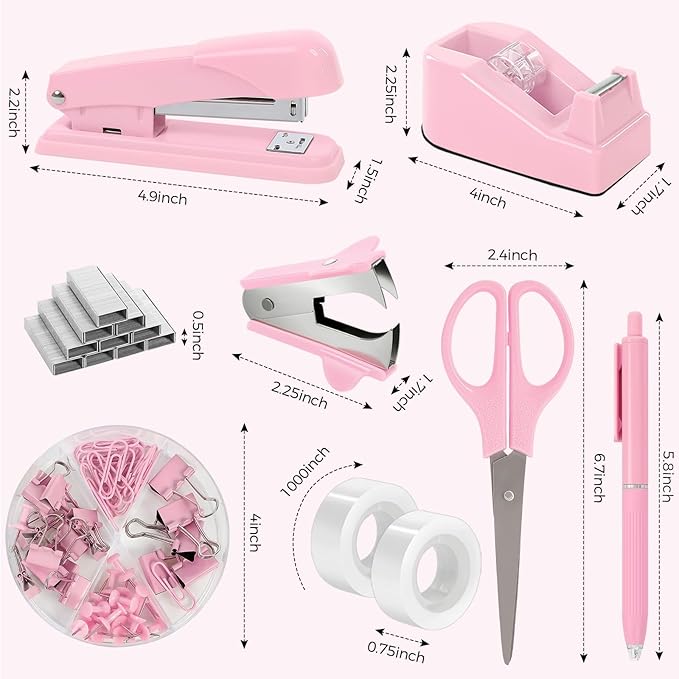 SKYDUE Pink Office Desk Accessories, Pink Office Supplies, Stapler, Tape Dispenser, Scissors, Clips and 1000pcs Staples,Office Supplies for Desk for Women