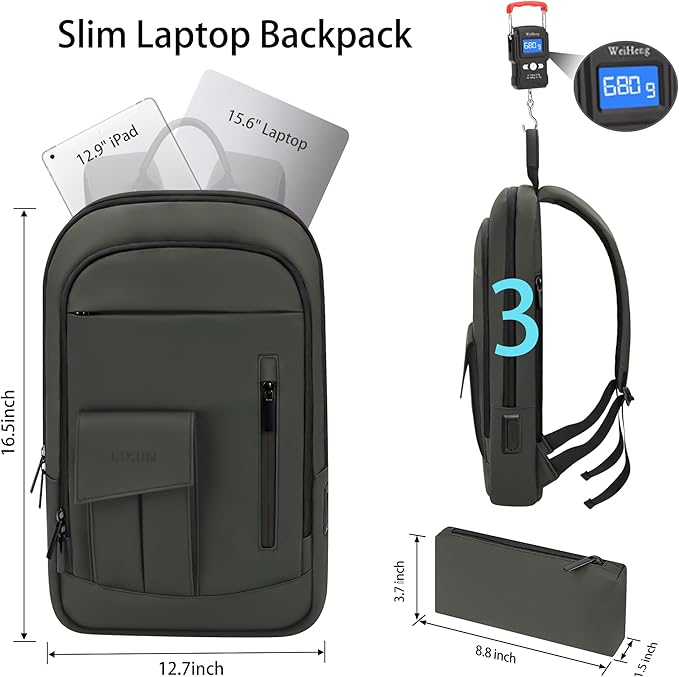 Business Backpack for Men Slim Lightweight Laptop Backpack Water Resistant Small Office Backpack for Commute Travel Daily Office Work with Small Bag (Green, 15.6")