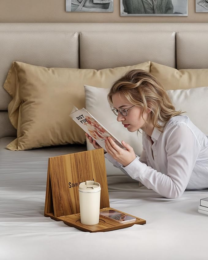 Triangle Book Holder, Book Rest, Acacia Foldable Book Nook Reading Valet, Triangle Book Stand with Cup, Pen, Glasses and Phone Holder for Bedroom, Nightstand or Office, Gifts for Book Lover