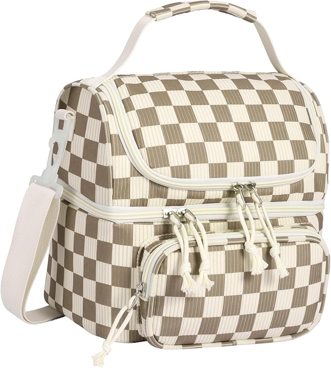 HowFly Lunch Bag for Women Insulated Lunch Boxes Corduroy Resuable Lunch Box for Girls Teens Kigs Boys Portable Thermal Cooler Bags for School Work, Khaki Checkered