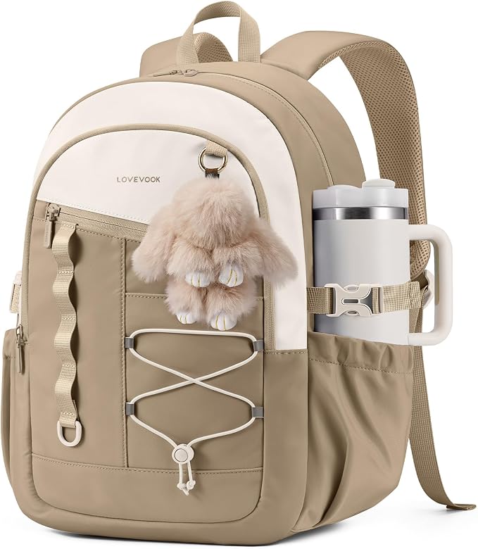 LOVEVOOK School Backpack for Girls, Large Capacity 16 Laptop Backpack with Tumbler Pockets, Multi-Compartment Backpacks with Lucky Bunny Charm, Water-Resistant Travel Backpack, Champagne