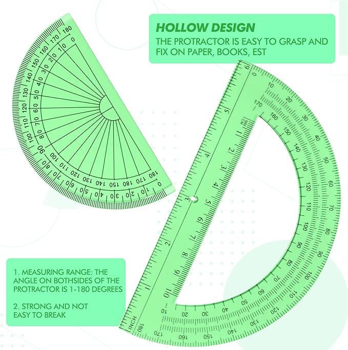EBOOT 2 Pcs Plastic Protractor Clear 180 Degrees Transparent Protractor for Geometry, 4 Inch and 6 Inch(Green)
