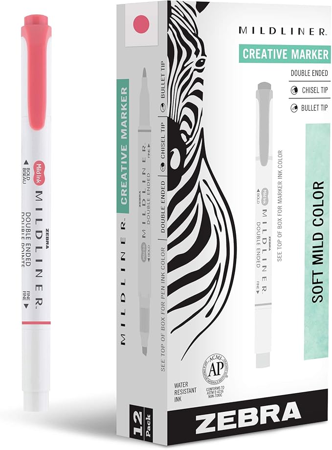 Zebra Pen Mildliner Dual-Tip Highlighters, Broad and Fine Tips, Ideal for Bible Highlighting, No Bleed, School Supplies, Teacher Supplies, and Office Supplies, Mild Red Ink, 12-Pack (78130upc)