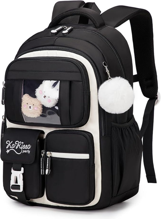 PIG PIG GIRL Kids Backpack for Girls - School Bags for Middle School Students - Book Bag for Elementary Primary - Kawaii Ita Backpack - Black and Beige