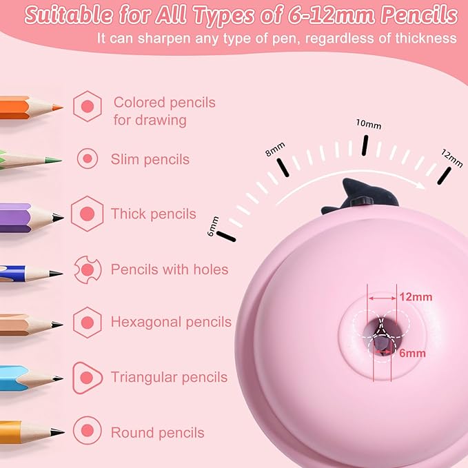 Rechargeable Electric Pencil Sharpener, 6-12mm Auto in & Out Fully Automatic Pencil Sharpener for Kids, Large Capacity Battery Powered, with Cartoon Stickers Ideal for Classroom & Home (Pink)