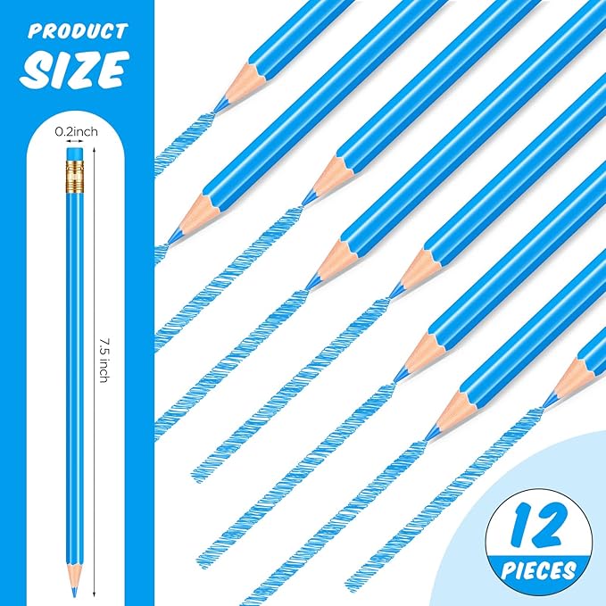 Chinco 12 Pieces Blue Pencils with Eraser for Kids HB Erasable Pencils Pre-sharpened Wooden Pencil Correcting for Students School Writing Drawing Checking