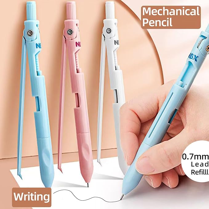 Compass for Geometry with Pencil, Includes Automatic Pencil, Compass, Ruler, Eraser 4 in 1 Set, Circle Compass Drawing Tool for Math, Drafting, Drawing, for Students, Kids, 1-Pack(Pink)