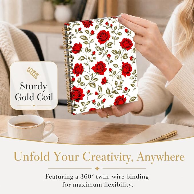 ATJFKIXL Cute Spiral Journal Notebook, A5 120 Page College Ruled Wirebound Notebook, Soft Cover for Students Office Notes and Planning - Red Rose Floral