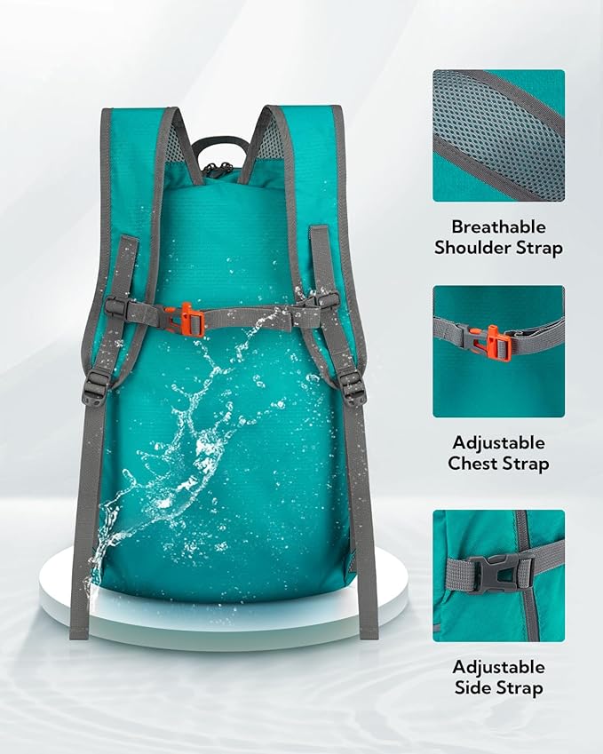 WATERFLY Hiking Packable Daypack Backpack: 35L Ultra Lightweight Day Pack for Women Men - Large Foldable Back Pack for Outdoor Sport Cycling Camping Travel Trip - Turquoise