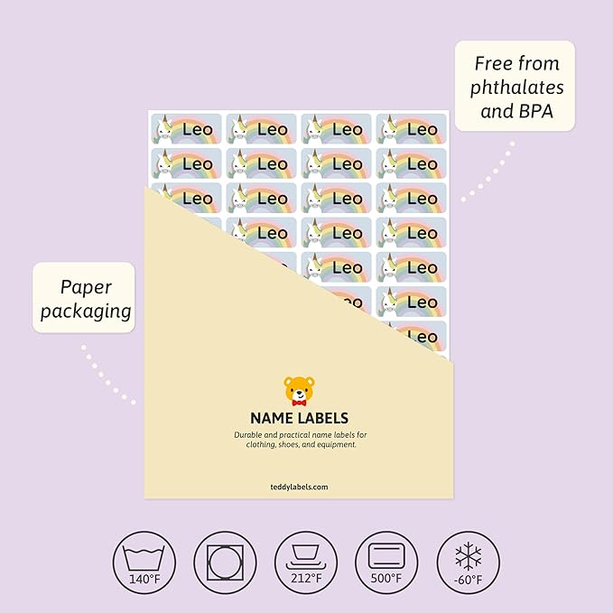 Personalized Name Labels for Kids (180) – Custom Waterproof & Durable Stickers for Clothing, Daycare, Office & School Supplies - Unicorns