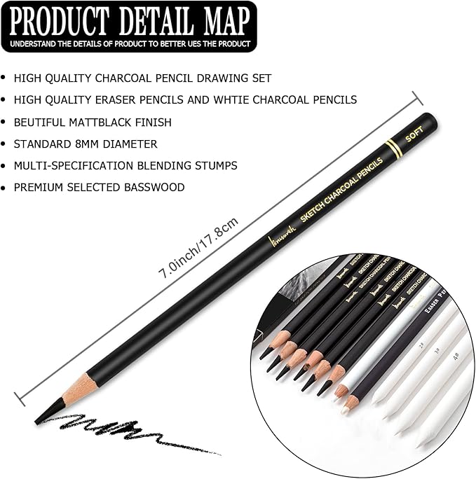 Brusarth Charcoal Drawing Set -12 pc Black charcoal pencils, White Charcoal Pencils, Eraser Pencils, Blending Stumps for Drawing, Sketching, Shading, Artist Pencils for Beginners & Artists