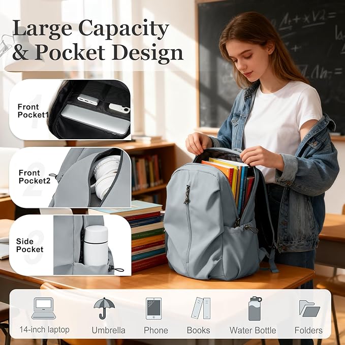 weradar School Backpack For Women Men,Waterproof College Backpack,High School Bookbag,Lightweight Casual Daypack Travel Backpack,Carry On Bag for Office/Teacher/Work(Grayish Blue)