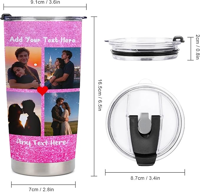 Personalized Tumbler Custom Vacuum Insulated Travel Mug Customizable Coffee Cup with Your Photos and Text Christmas Birthday Gift (4 Photos+Text)
