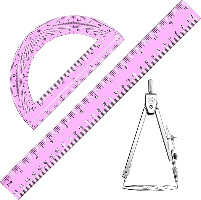 Zonon 3 Pcs Plastic Ruler 6 Inch Protractor Drawing Compass Set, Student Geometry Math Transparent Measuring Tools for Home School Classroom Office Supplies(12 Inch,Pink)