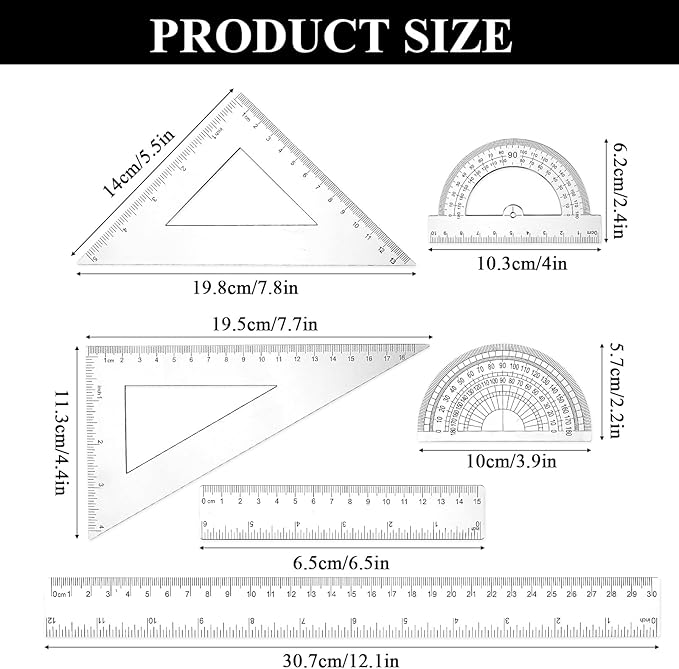 6PCS Clear Plastic Ruler Math Set, Math Geometry Tool Plastic Ruler Set, Includes 6 Inch and 12 Inch Straight Rulers, 30/60 and 45/90 Triangle Rulers, Protractor for School, Office, Home