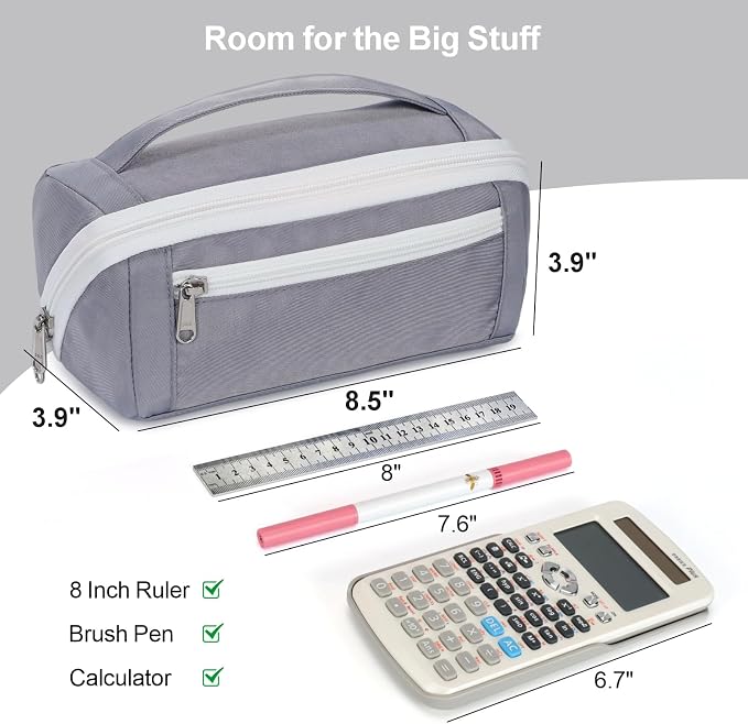 Large Pencil Pouch - 8 Compartments, Wide Handle Organizer Bag | Wide Open Pen Bag, Flexible Dividers & Side Pockets, Handle, 900D Fabric, College Supplies for Teens, Black & Grey