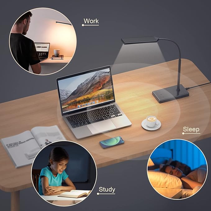 LED Desk Lamp for Office Home, Wireless Charger Desk Lamp with Dimmable, 12W Eye-Caring Desk Light, 600LM Reading Light for Desk, 5 Color Modes 6 Brightness Levels Lamp for Study, Workbench