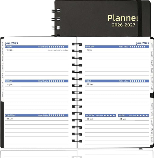Day Planner 2026-2027, 2026 Planner Weekly and Monthly, from Jul 2026-Dec 2027, 18 Month Agenda Book with Tabs, A5 Size, Black