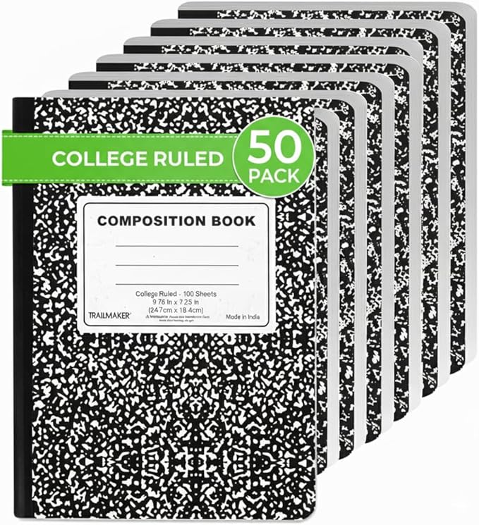 Trail maker Bulk Composition Notebooks (50 Pack), College Ruled Marble Cover, 200 Pages (100 Sheets), 9.75 x 7.5, Bulk School Supplies for Classroom, Office & School Donations