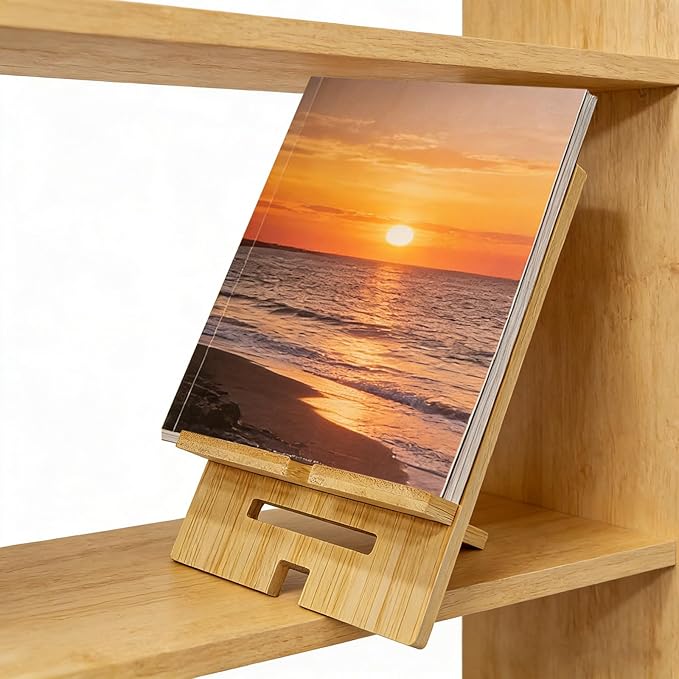 5 Pcs Bamboo Book Stand for Display Natural Easel Book Holder for Home Office School Fits CDs Comics Magazines Postcards Albums Artworks Phones(7.1x4.7x5 Inch)