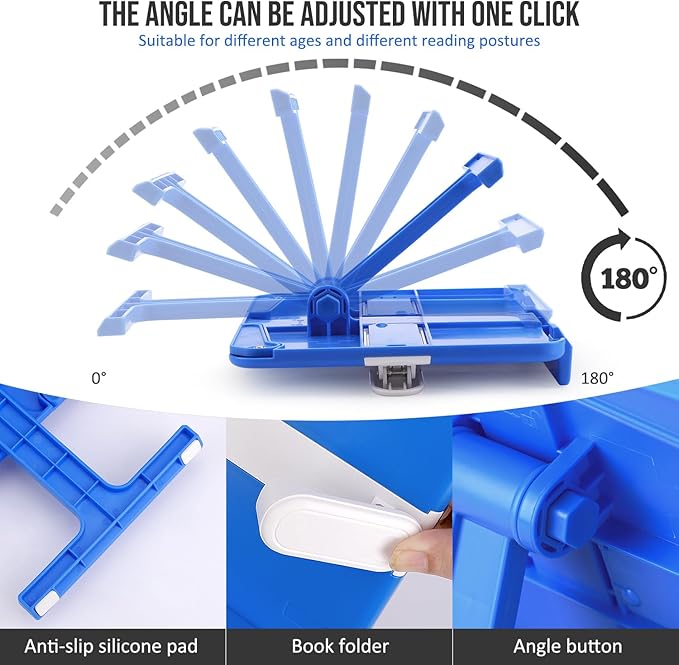 Book Holders for Reading Hands Free Desktop Cookbooks Stands Tray Portable Foldable Lightweight Bookstands Page Clips Rest for Music Score Cookbook Tablet Textbooks Ergonomic Reading Posture (Blue)
