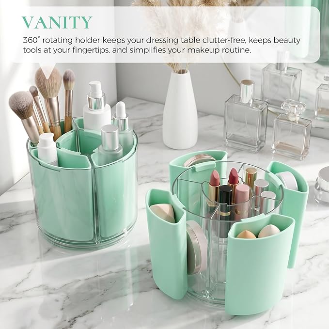 KONVINIT Green Pen Holder for Desk, 5 Slots 360° Rotating Pen Organizer, Cute Desk Organizers and Accessories for School, Home, Office and Art Supply