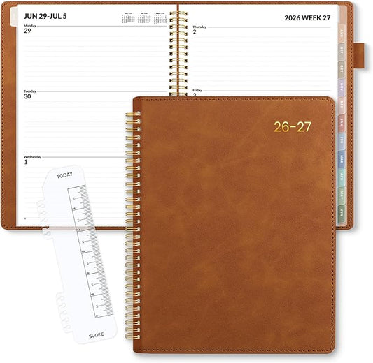 SUNEE 2026-2027 Weekly & Monthly Planner 9"x11.2" - 12 Month (July 2026 - June 2027), Vegan Leather Cover Planner Academic Year Calendar, Pocket, Notes, Monthly Tab, Brown