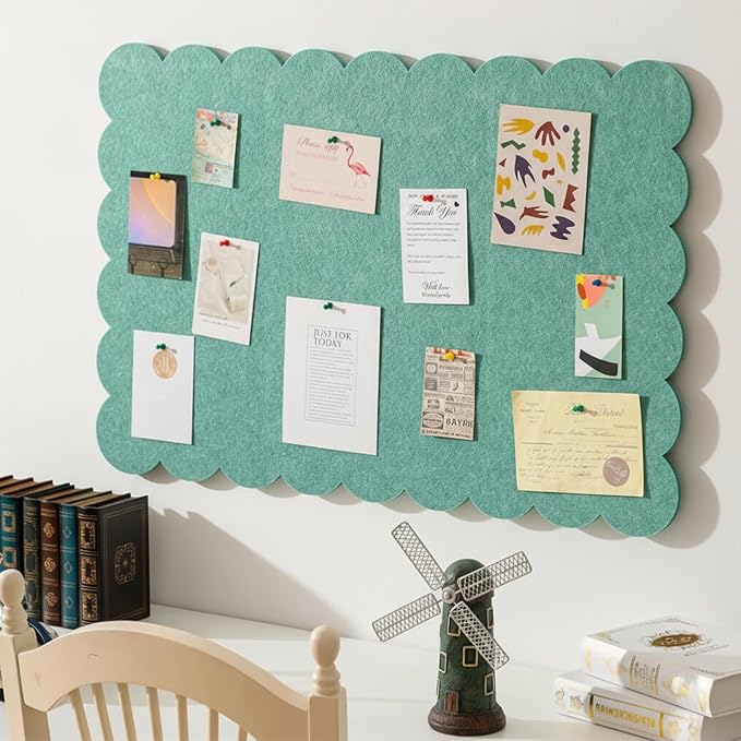 Mooliwe Scalloped Felt Bulletin Board 36 x 24 Inches Foldable Forest Green Pin Cork Board Alternative for Wall, 3' x 2' Trifold Christmas Picture Vision Self Adhesive Bulletin Decorative
