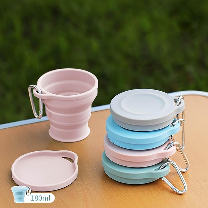 Silicone Travel Mug Folding Camping Cup with Lid Carabiner Expandable Drinking Cups Outdoor Hiking Camping Silicone Cups, Gray