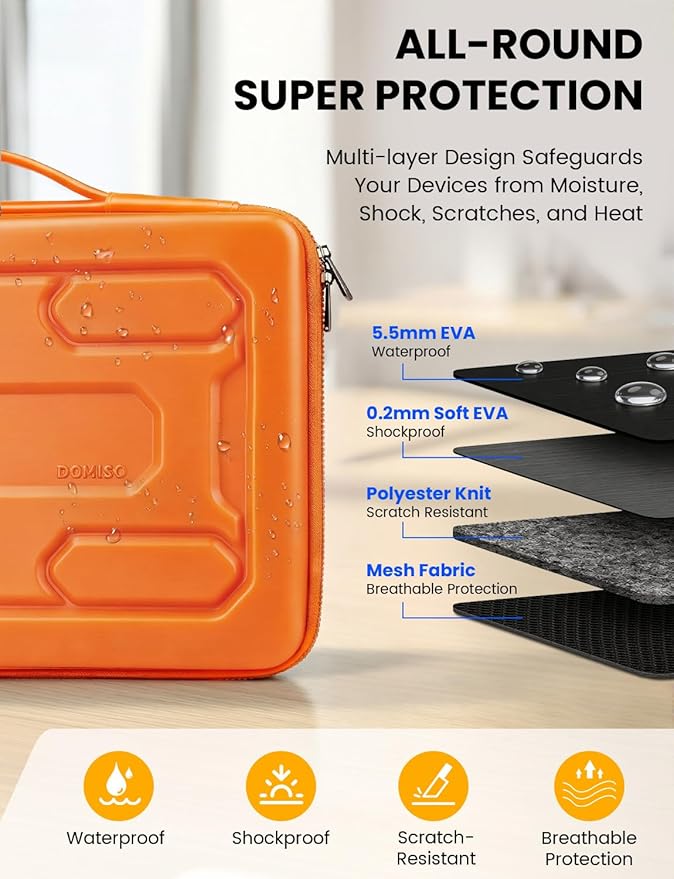 DOMISO Laptop Hard Case 14-14.4 inch Waterproof Shockproof Hard Shell Laptop Sleeve with Handle & Storage Pocket, Compatible with MacBook, HP, Dell, Orange