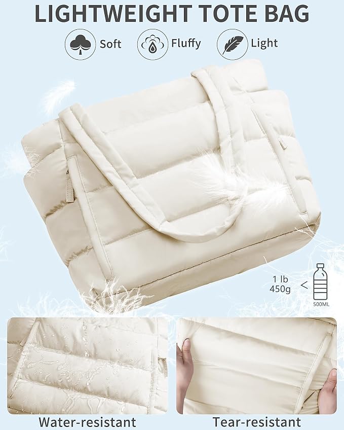 Bagstellar Puffer Tote Bag for Women, Lightweight Puffy Work Handbag Teacher Nurse Quilted Shoulder Bag for School Travel Gym | Cloud Bag w/ Zipper