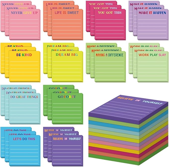 Yinder 48 Pcs Inspirational Sticky Notes Cute Motivational Sticky Notes Pad End of Year Employee Appreciation Gifts Bulk for Teacher Nurse Coworkers Office Supplies 3 x 3'' (Motivational,Dark Color)