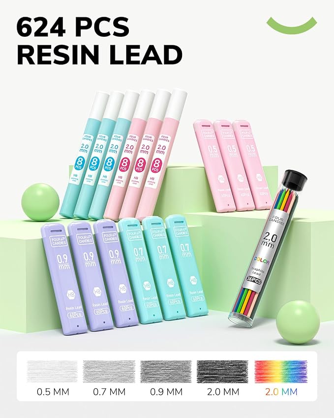 Four Candies 36PCS Mechanical Pencil Set with 624 Lead Refills(Light Green) | 0.5mm, 0.7mm, 0.9mm & 2.0mm Mechanical Pencils, Aesthetic School Supplies for Writing, Drawing, Drafting and Note-Taking