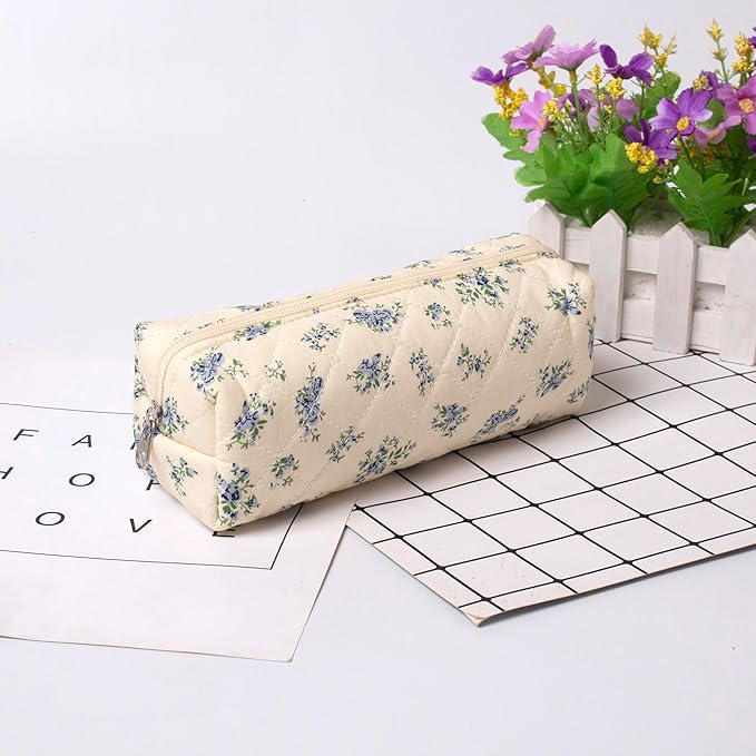 Pencil Case Office College School Storage Bag Pouch Holder Box Organizer Makeup Pouch Cosmetic Bag Aesthetic Cute Pen Case for Girls Boys Kids (Small blue flowers)