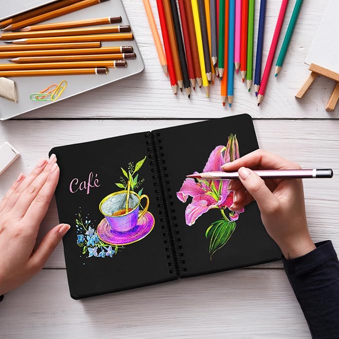 5" x 7" Premium Black Paper Mixed Media Sketchbook,Small Travel Spiral Bound Black Journal Notebook,70 Sheets 110gsm Acid-Free Drawing Paper,Art Supplies for Adults Beginners Artists.Black