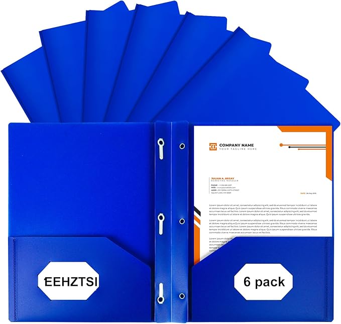 Blue Plastic Folders with Pockets and Prongs, 2-Pocket Folders with 3 Fasteners, 6-Pack Holds 8-1/2" x 11" Paper for School/Office/Home