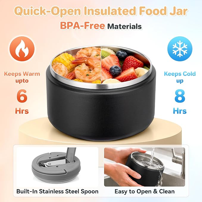 Bento Lunch Box with 8oz Soup Thermo,Kids Leakproof 4 Compartment Lunch Food Containers with Sauce Cup and Ice Pack,Kids Thermo Insulated Hot Food Jar and Lunch Bag for School,Trvael-Black