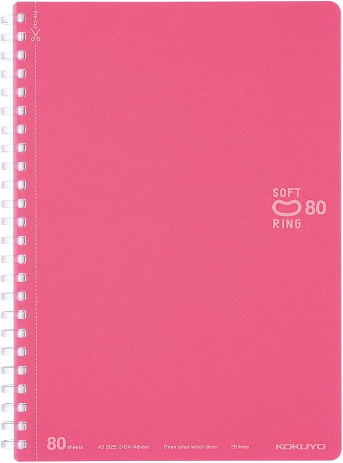 KOKUYO Spiral Lined Notebook, 8.3'' x 5.8'' Pastel Journal A5 Soft Ring Notebooks with Dot 6 mm Ruled, 80 Sheets, Light Pink 1 Subject Notebook, Note Taking for School (SU-SV338BT-LP)