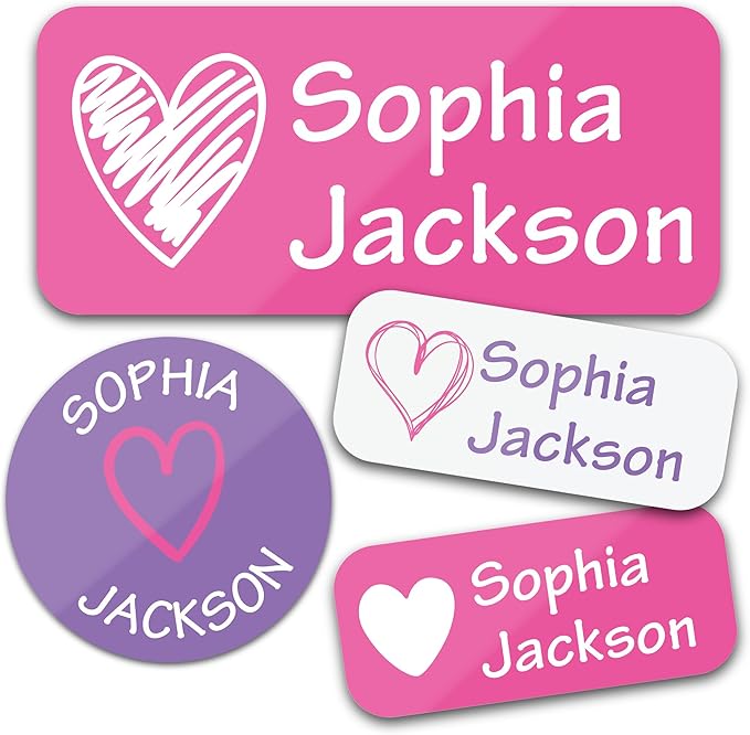 Bunny Badges Personalized Daycare Name Labels for Kids (130 Labels) - Custom Waterproof Name Stickers for Clothing Tags, Water Bottles, Lunch Boxes and School Supplies (Hearts)