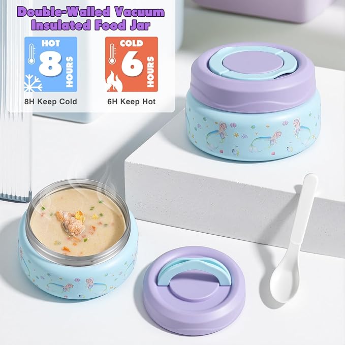 Bento Lunch Box for Kids with 7oz Soup Thermo,Insulated Stainless Steel Kids Water Bottle with Straw and Insulated Lunch Bag,Leak-Proof Lunch Food Container with Ice Pack for School (Purple-Mermaid)