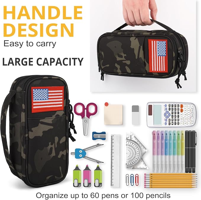 Tactical Pencil Case for Boy,Wide open Pen Pouch Bag with Handle for School | Marker Organizer Case Pen Box, Tool Bag Desk Organizer for School College Office Organizers for Kids Men Women Adult Teens