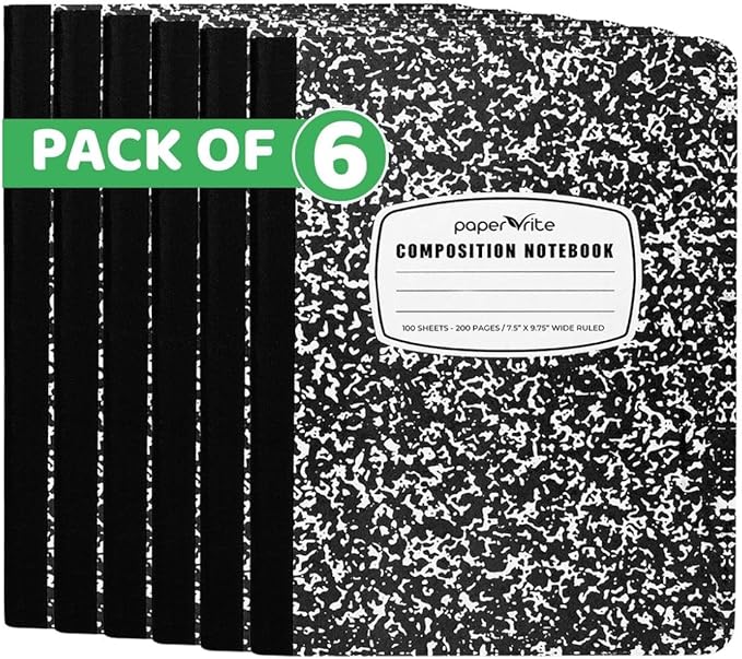 Wide Ruled Composition Notebook Black Marble | 100 Sheets | 9.75 x 7.5 Inches | Durable Sewn Binding for School & Office Use (6)