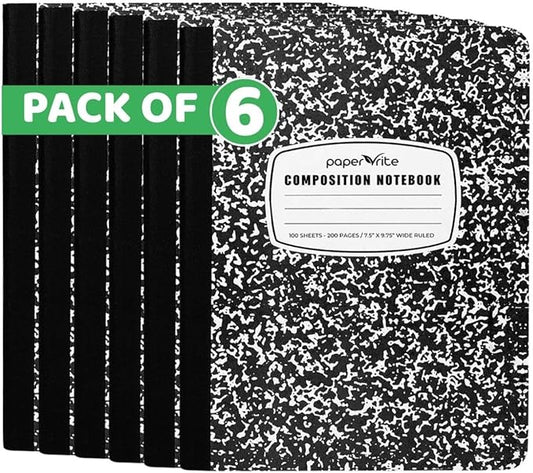 Wide Ruled Composition Notebook Black Marble | 100 Sheets | 9.75 x 7.5 Inches | Durable Sewn Binding for School & Office Use (6)