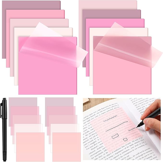 Marspark 500 Sheets Transparent Sticky Notes with Marker, 3x3 Inch See Through Sticky Notes, Self-Adhesive Translucent Clear Note Pads for Bible Journaling Memo Office School Supplies(Pink)